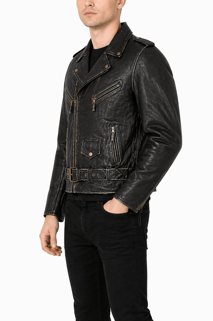 Men’s Originals Distressed Black Leather Biker Jacket Size XL | Classic Brando Style - 
