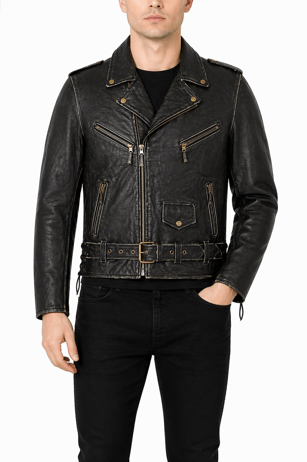 Men’s Originals Distressed Black Leather Biker Jacket Size XL | Classic Brando Style - 