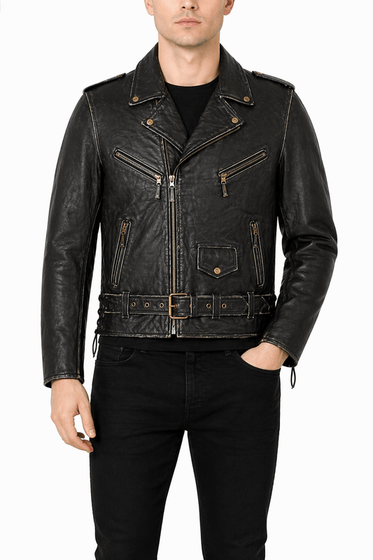 Men’s Originals Distressed Black Leather Biker Jacket Size XL | Classic Brando Style - 