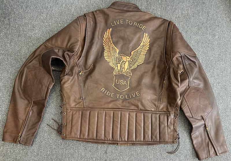 Men's Premium Brown Distressed Leather USA Eagle Embossed Racer Jacket XL - 