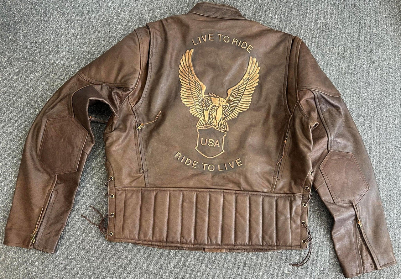 Men's Premium Brown Distressed Leather USA Eagle Embossed Racer Jacket XL - 