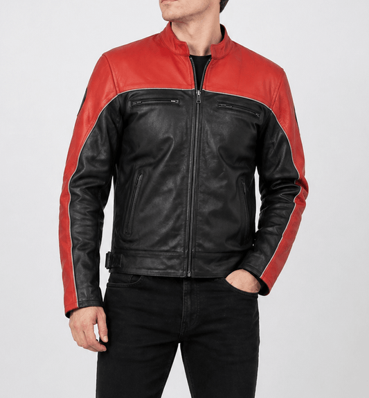 Men’s Premium Real Leather Two - Tone Moto Jacket Size 2XL | Red & Black Speed Edition - 