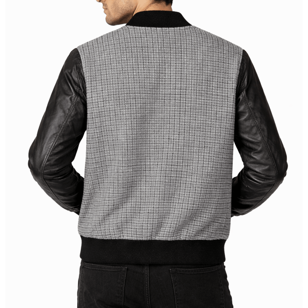 Men’s Premium Varsity Bomber - Grey Patterned & Leather - 
