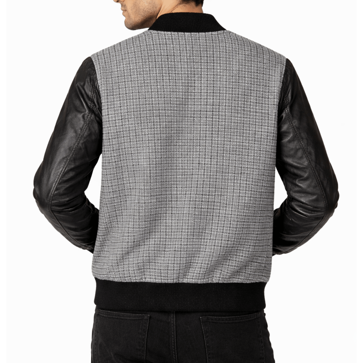 Men’s Premium Varsity Bomber - Grey Patterned & Leather - 