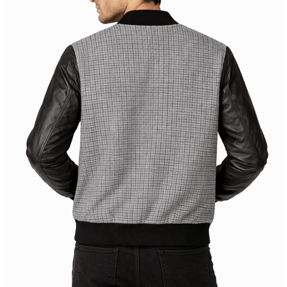 Men’s Premium Varsity Bomber - Grey Patterned & Leather - 