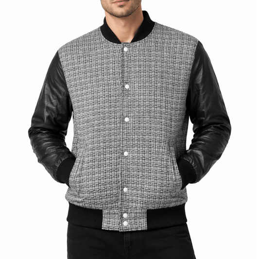 Men’s Premium Varsity Bomber - Grey Patterned & Leather - 