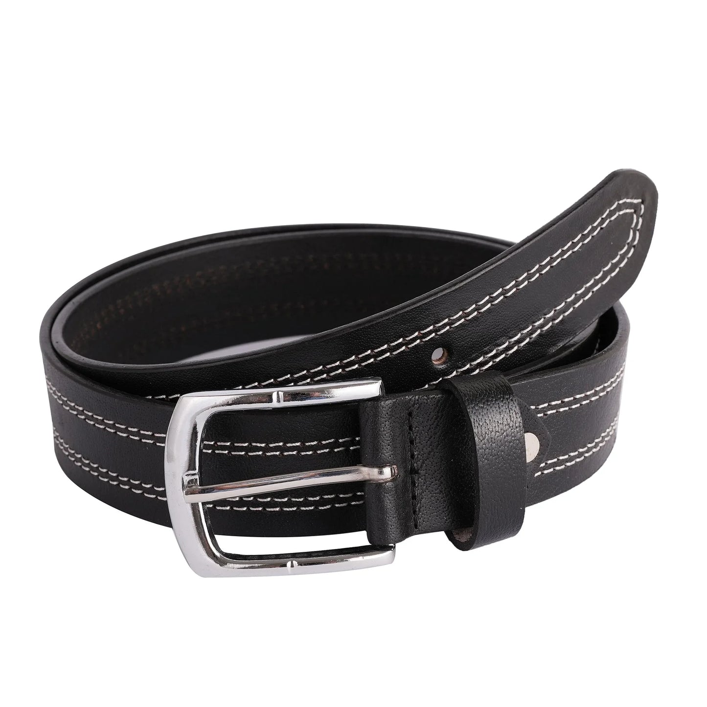 mens quad stich genuine leather belt - casual belt for suits & jeans, single prong buckle - 