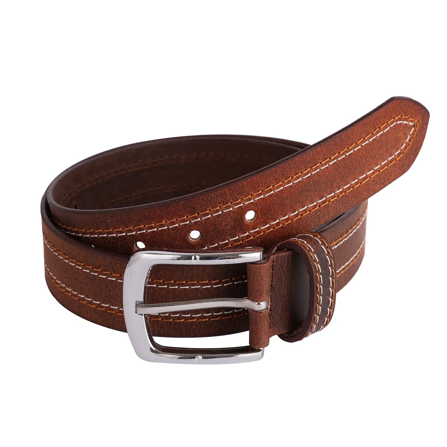 mens quad stich genuine leather belt - casual belt for suits & jeans, single prong buckle - 
