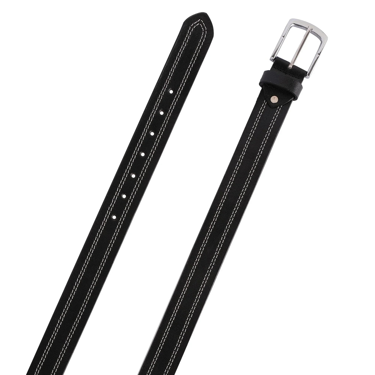 Mens Quad Stich Genuine Leather Belt - Casual Belt for Suits & Jeans, Single Prong Buckle - 