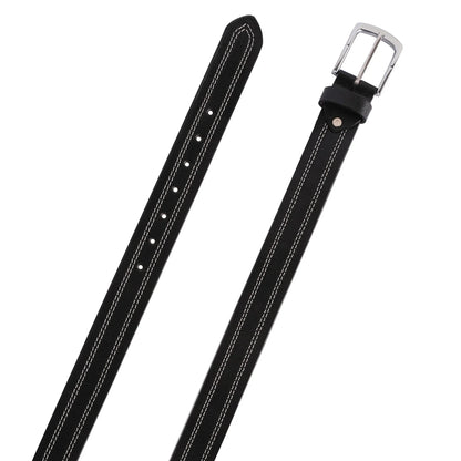 Mens Quad Stich Genuine Leather Belt - Casual Belt for Suits & Jeans, Single Prong Buckle - 