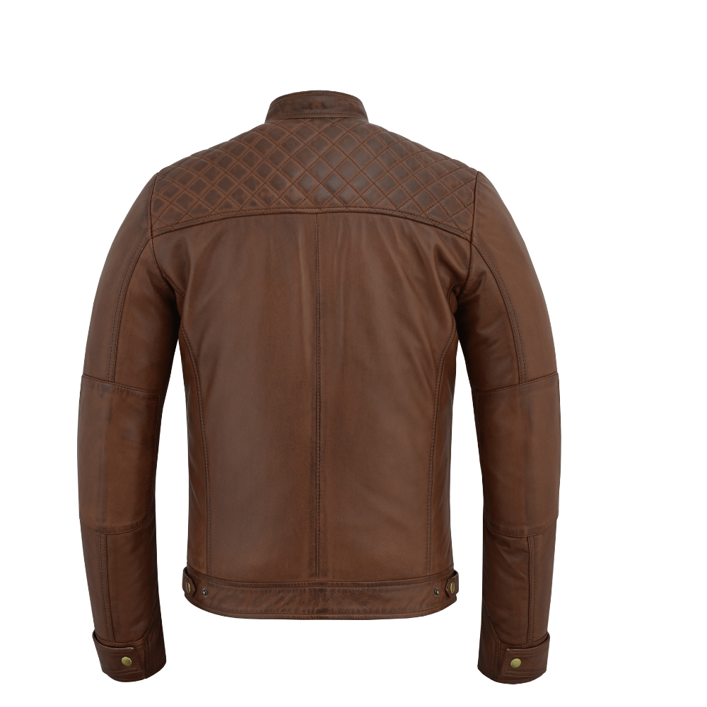 Men's Real Leather Biker Jacket with Quilted Shoulders - 
