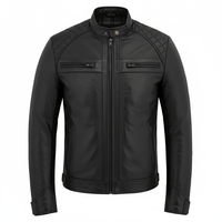 Men's Real Leather Biker Jacket with Quilted Shoulders - 