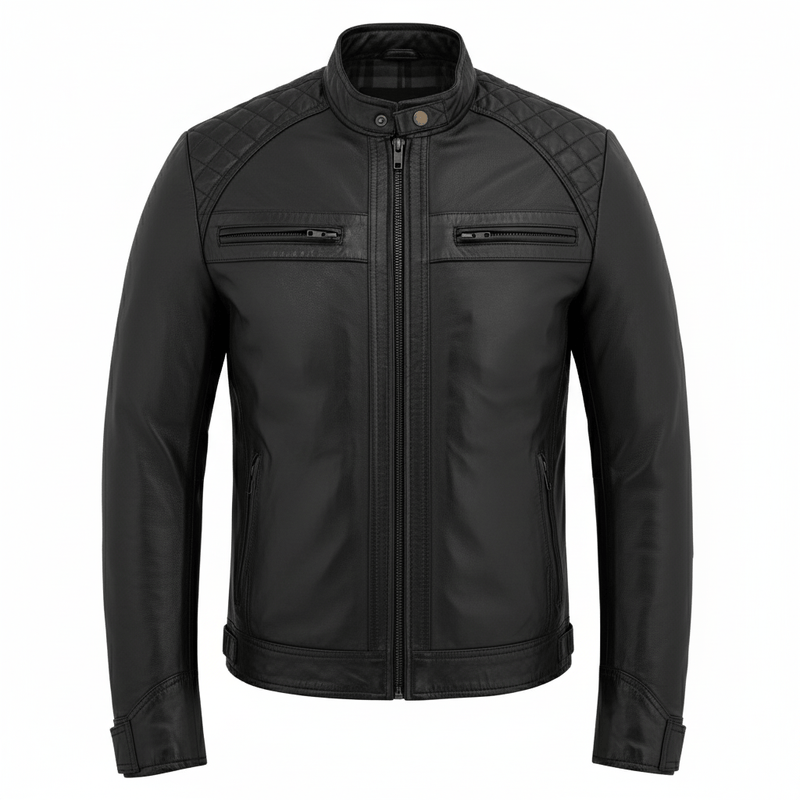 Men's Real Leather Biker Jacket with Quilted Shoulders - 