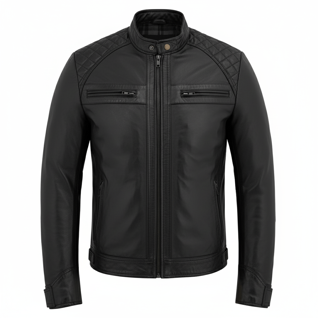 Men's Real Leather Biker Jacket with Quilted Shoulders - 