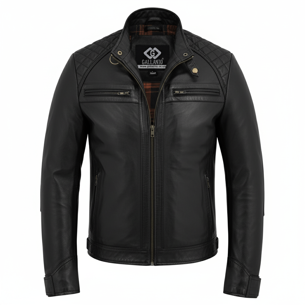 men's real leather biker jacket with quilted shoulders - 