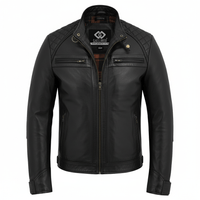 Men's Real Leather Biker Jacket with Quilted Shoulders - 