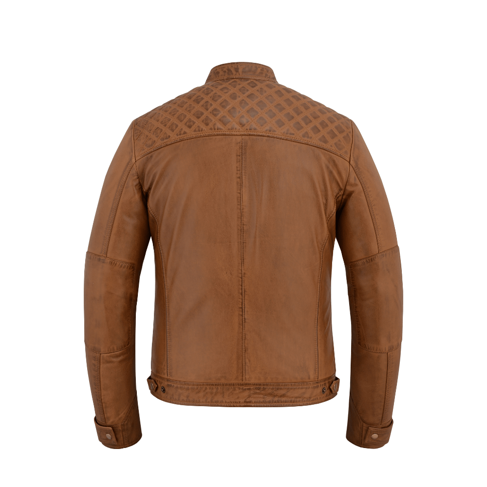 Men's Real Leather Biker Jacket with Quilted Shoulders - 
