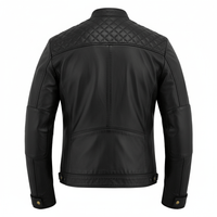 Men's Real Leather Biker Jacket with Quilted Shoulders - 