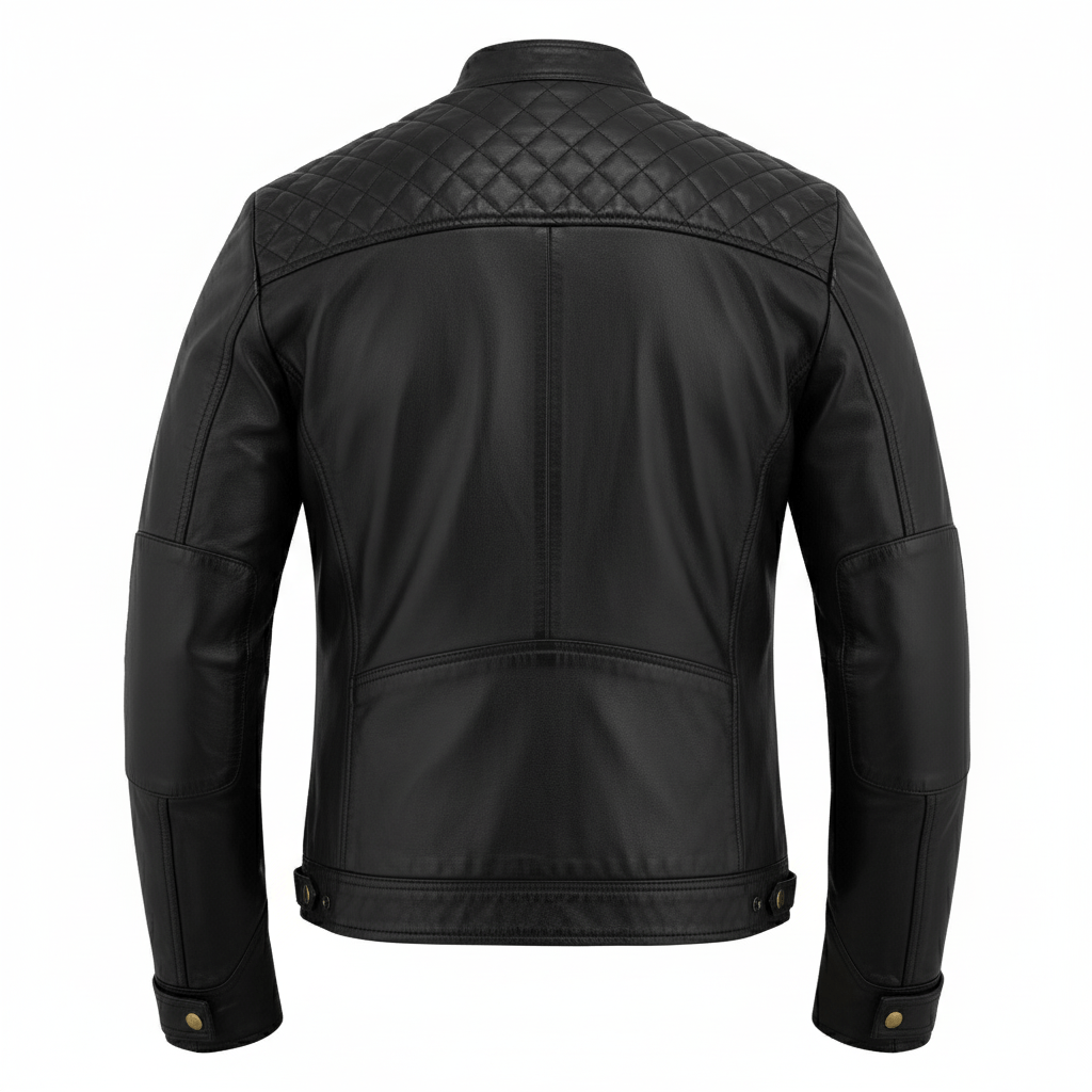 Men's Real Leather Biker Jacket with Quilted Shoulders - 