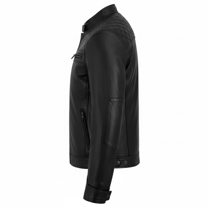 Men's Real Leather Biker Jacket with Quilted Shoulders - 