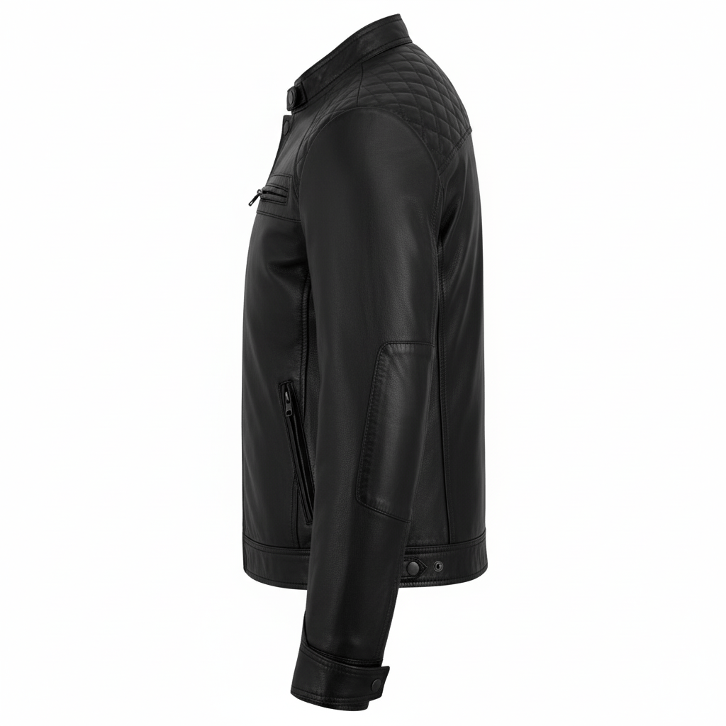 Men's Real Leather Biker Jacket with Quilted Shoulders - 