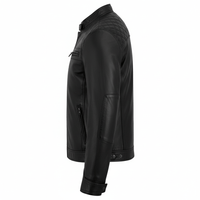 Men's Real Leather Biker Jacket with Quilted Shoulders - 