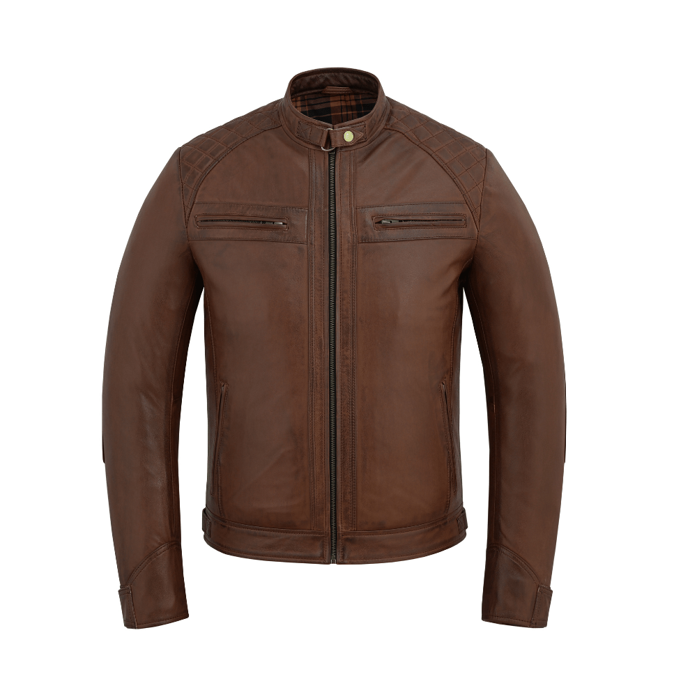 Men's Real Leather Biker Jacket with Quilted Shoulders - 
