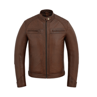 Men's Real Leather Biker Jacket with Quilted Shoulders - 
