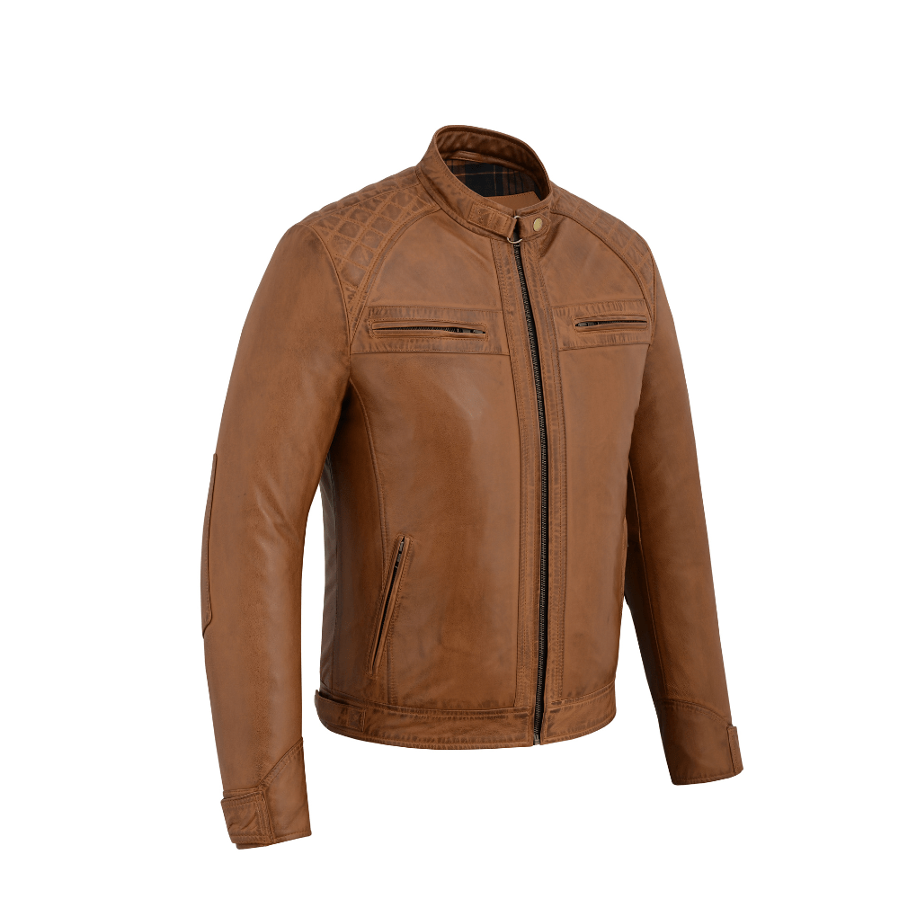 Men's Real Leather Biker Jacket with Quilted Shoulders - 