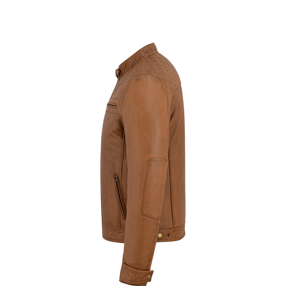 Men's Real Leather Biker Jacket with Quilted Shoulders - 