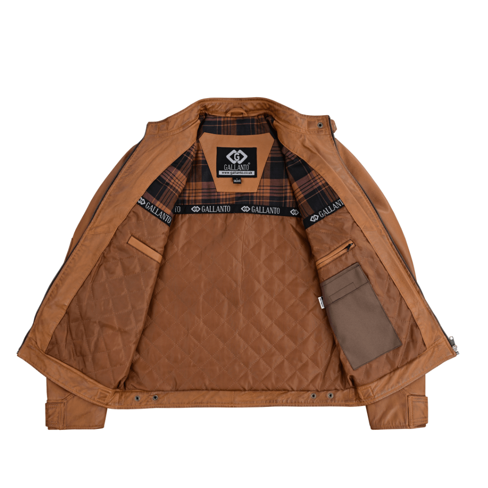 Men's Real Leather Biker Jacket with Quilted Shoulders - 