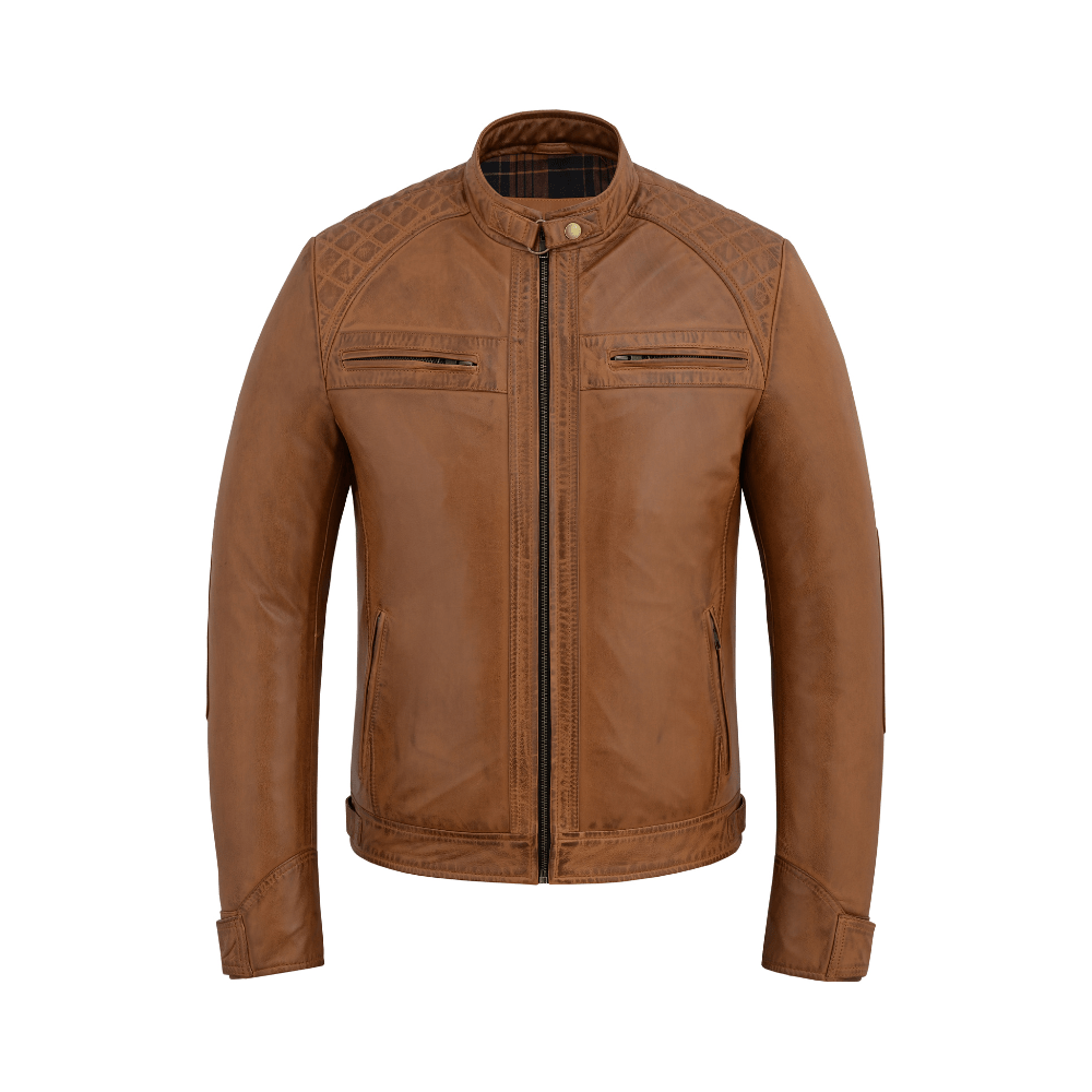 Men's Real Leather Biker Jacket with Quilted Shoulders - 