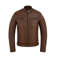 Men's Real Leather Biker Jacket with Quilted Shoulders - 