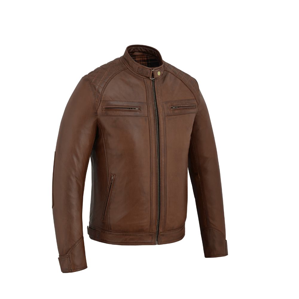 Men's Real Leather Biker Jacket with Quilted Shoulders - 