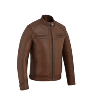 Men's Real Leather Biker Jacket with Quilted Shoulders - 