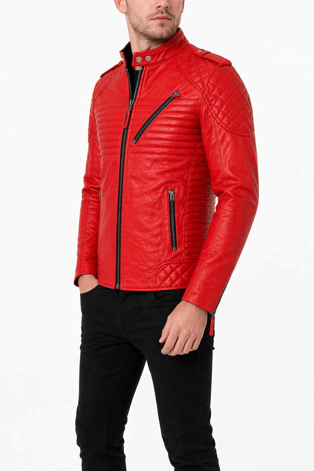 men’s red quilted leather biker jacket size xl | bold moto edition - 