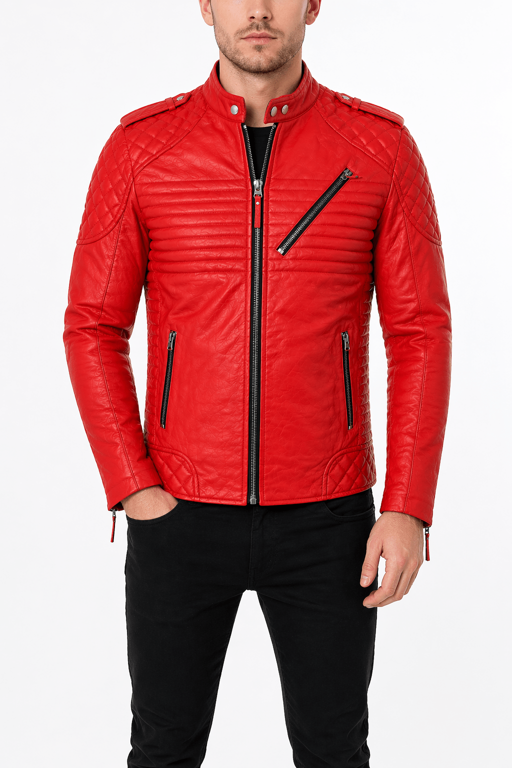 Men’s Red Quilted Leather Biker Jacket Size XL | Bold Moto Edition - 