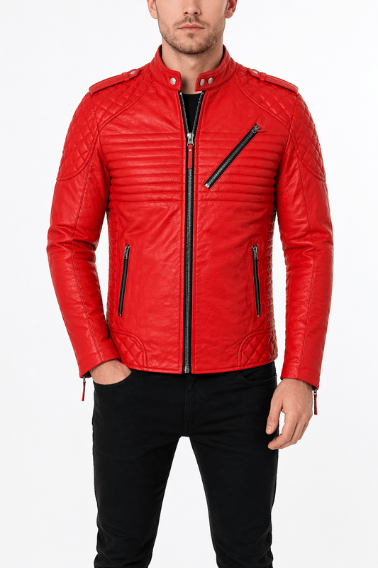 Men’s Red Quilted Leather Biker Jacket Size XL | Bold Moto Edition - 