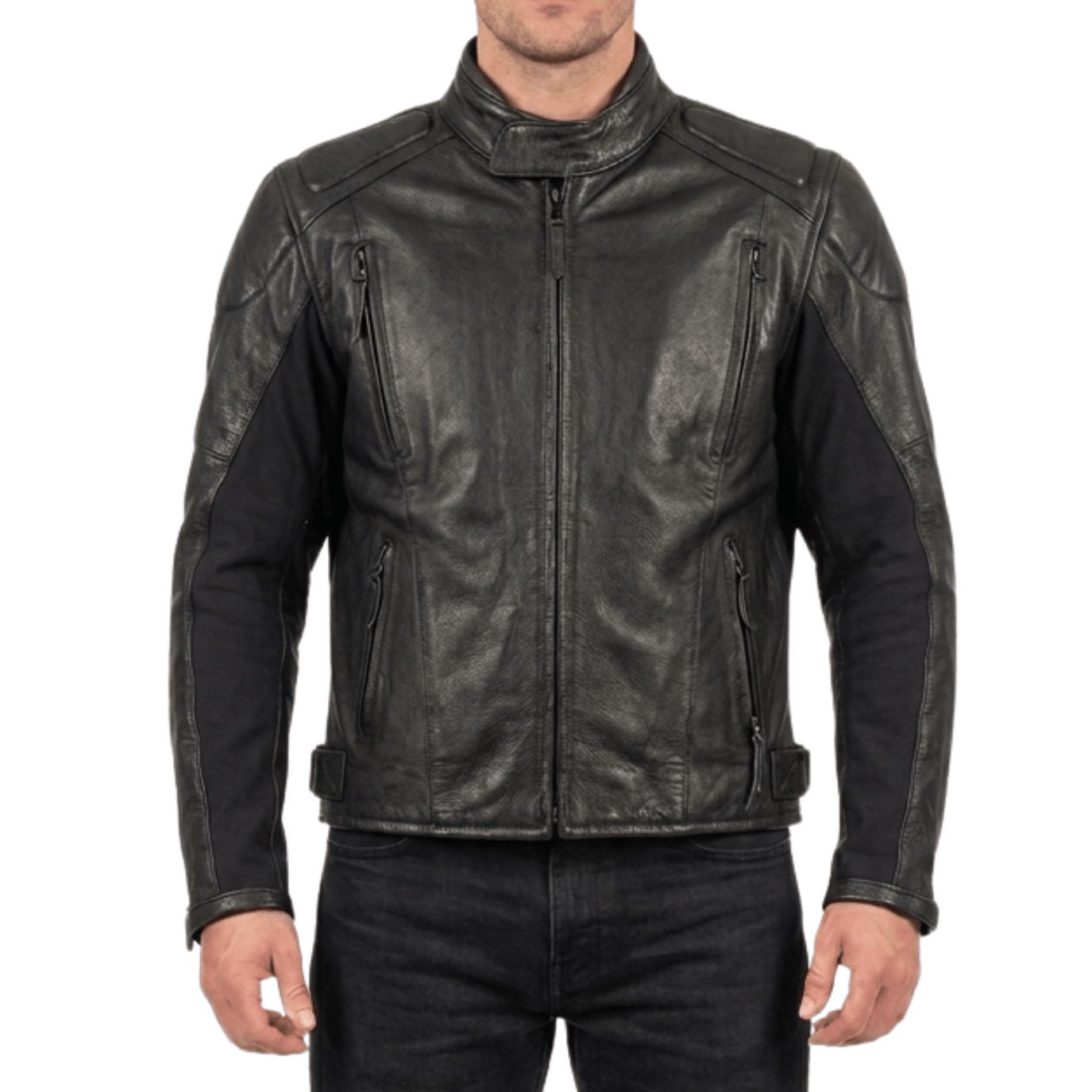 men’s tactical black leather biker jacket with hybrid stretch panels - 