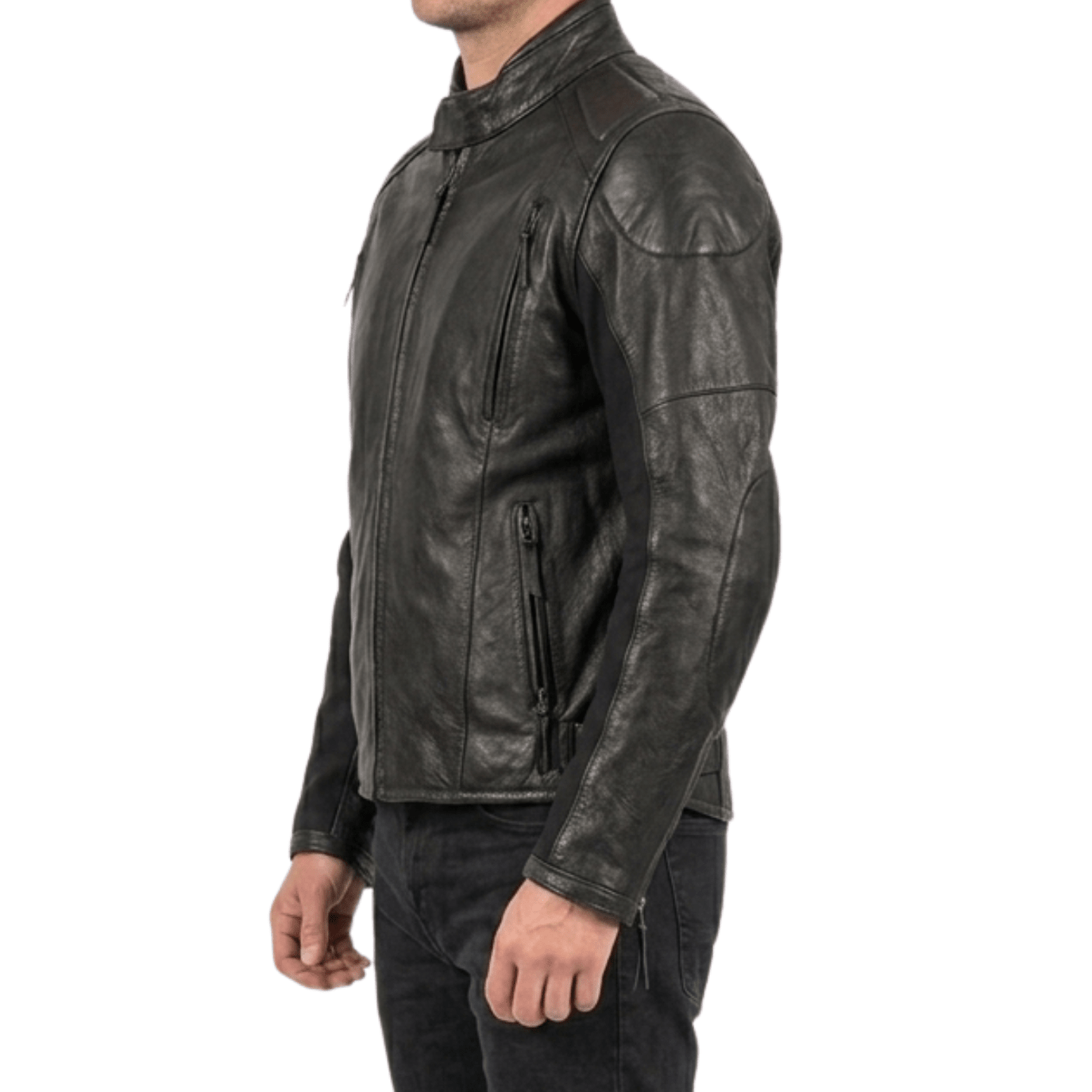 Men’s Tactical Black Leather Biker Jacket with Hybrid Stretch Panels - 