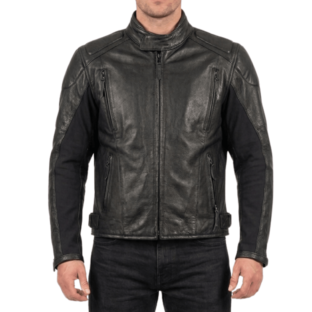 Men’s Tactical Black Leather Biker Jacket with Hybrid Stretch Panels - 