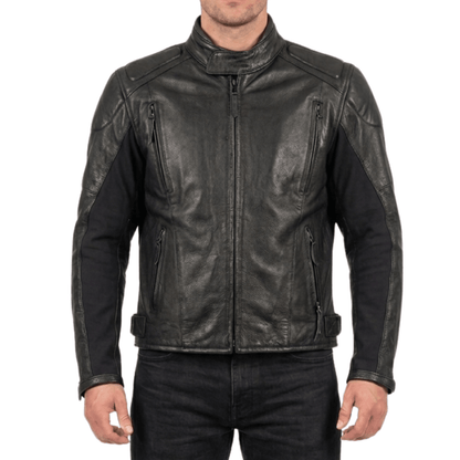 Men’s Tactical Black Leather Biker Jacket with Hybrid Stretch Panels - 