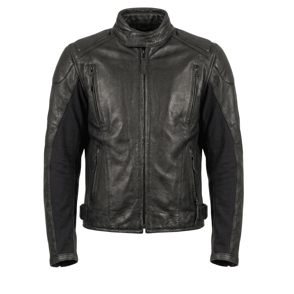 men’s tactical black leather biker jacket with hybrid stretch panels - 