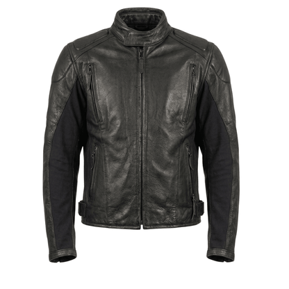Men’s Tactical Black Leather Biker Jacket with Hybrid Stretch Panels - 