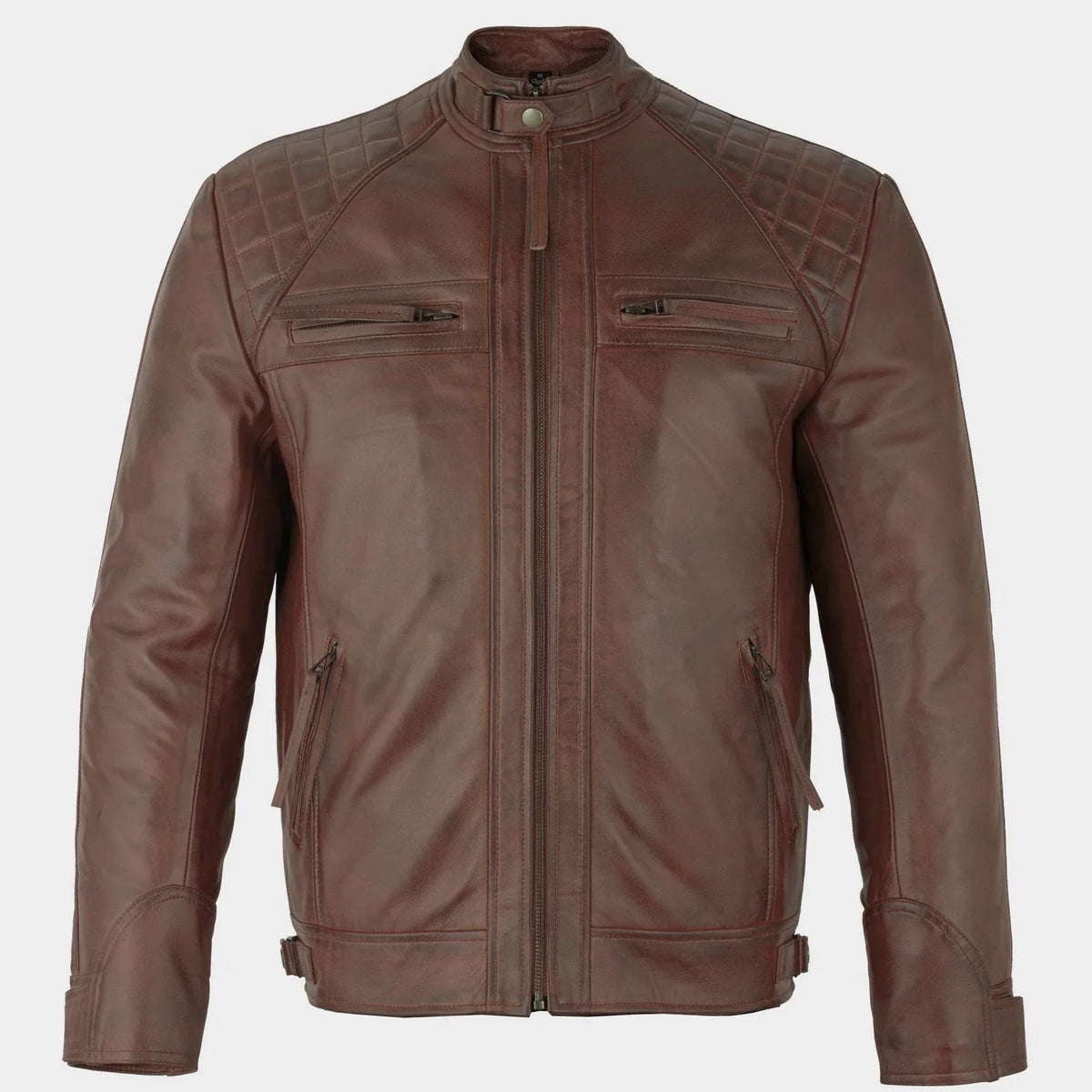 Mens Retro Vintage Grey Style Zipped Diamond Casual Biker Leather Jacket