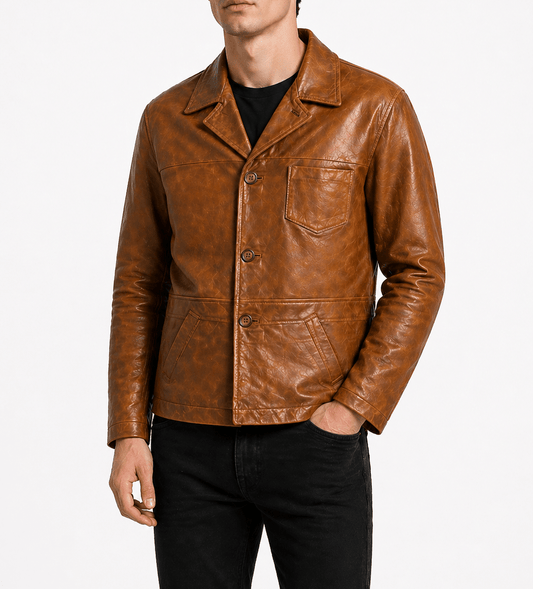 Men’s Tan Leather Blazer Jacket Size M | Classic Heritage Style - 