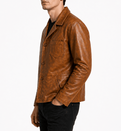 Men’s Tan Leather Blazer Jacket Size M | Classic Heritage Style - 