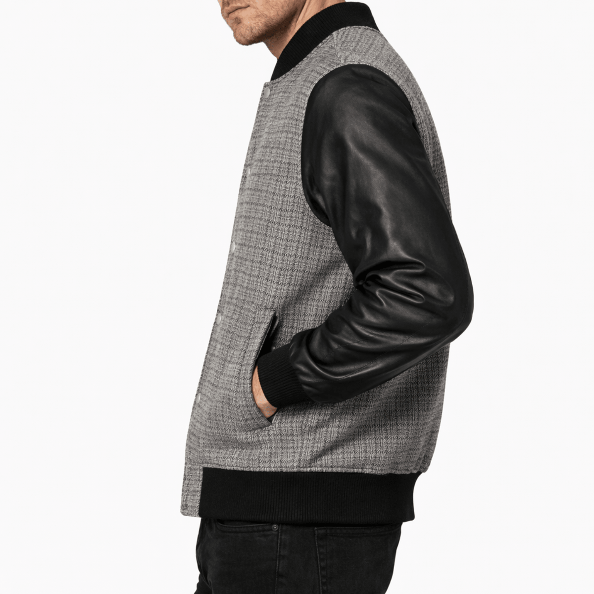 Men’s Textured Grey & Leather Varsity Bomber Jacket - 