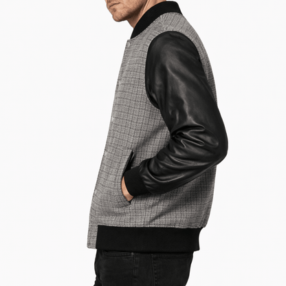 Men’s Textured Grey & Leather Varsity Bomber Jacket - 