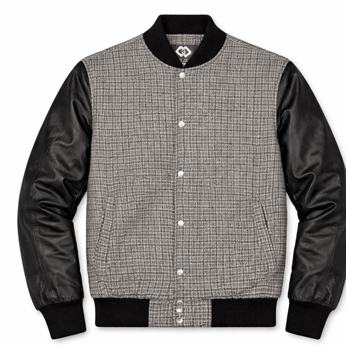Men’s Textured Grey & Leather Varsity Bomber Jacket - 